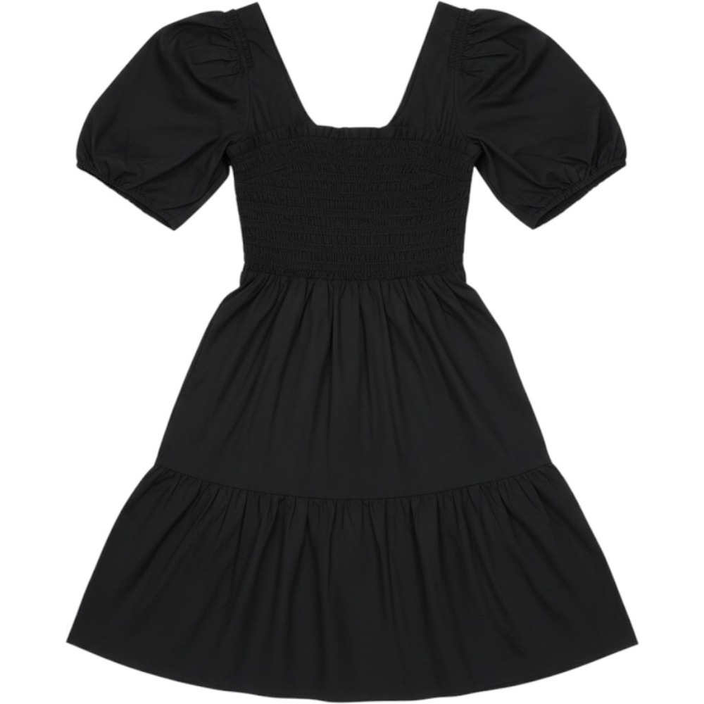 NWT GAP Black Puff Sleeve Smocked Tiered Mini Cotton Dress True Black Large